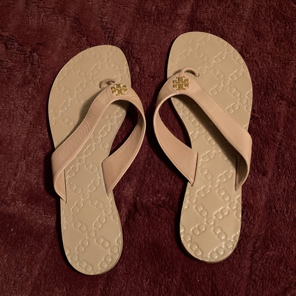 Tory Burch Shoes - Tory Burch Beige Sandals with Gold Logo